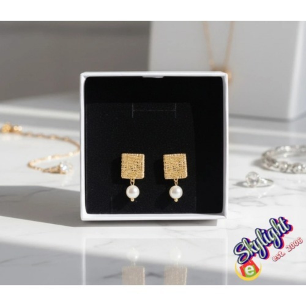 Accent Gold Textured Square Dangle Drop Earrings‎ Freshwater Pearl Jewelry
